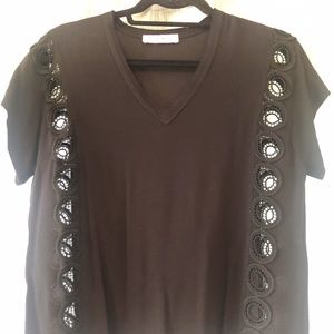Sandro Paris Black Crochet Detail V Neck Tee